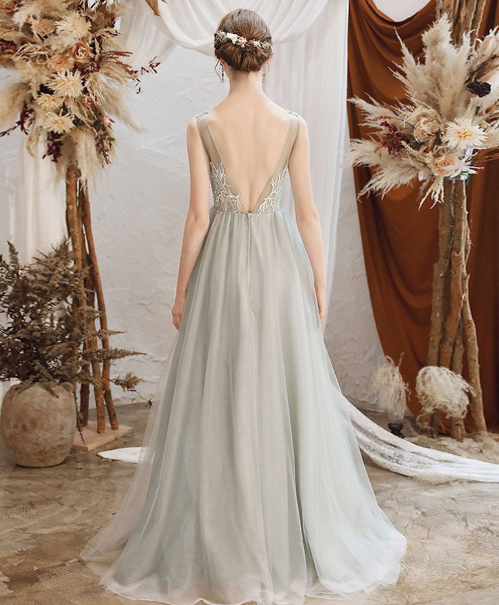 Gray Tulle Lace Long Prom Dress Gray Tulle Formal Dress