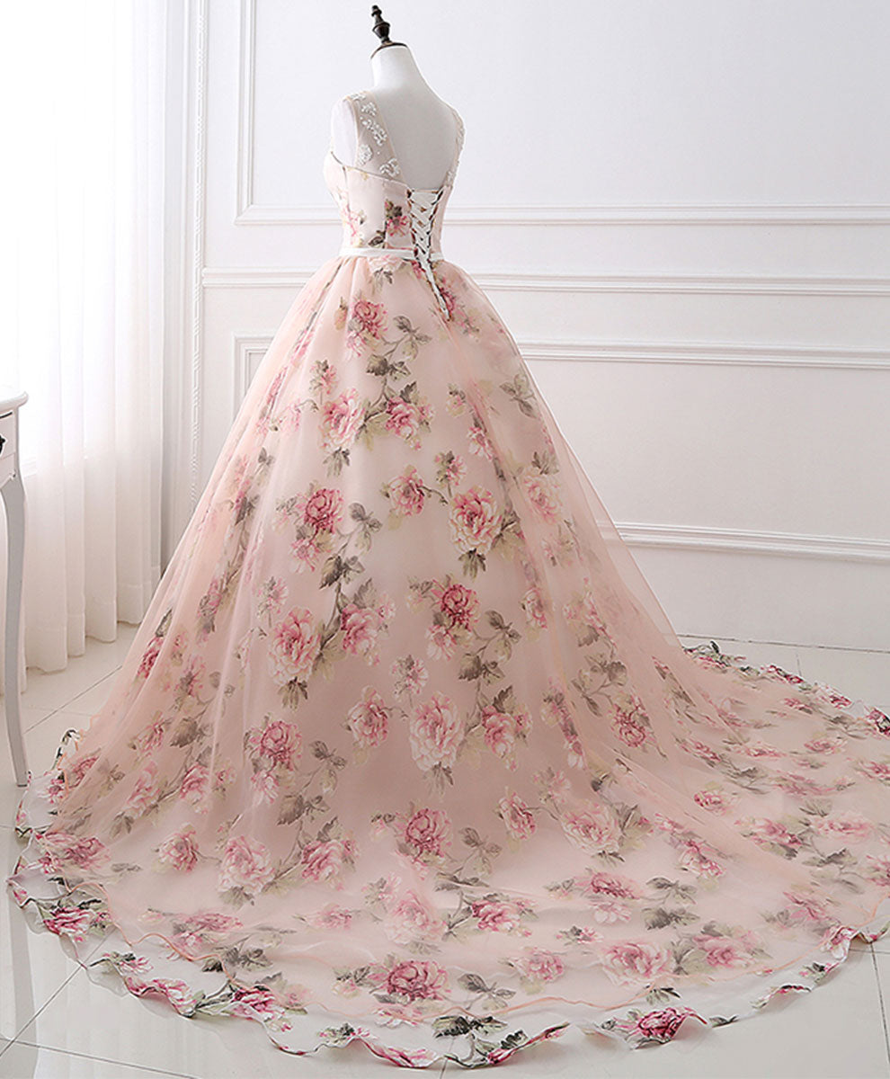 Pink Round Neck Tulle Lace Long Prom Dress Pink Long Evening Gown