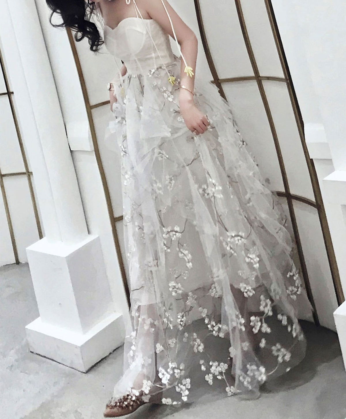 White Tulle Lace Long Prom Dress, White A-Line Lace Graduation Dresses