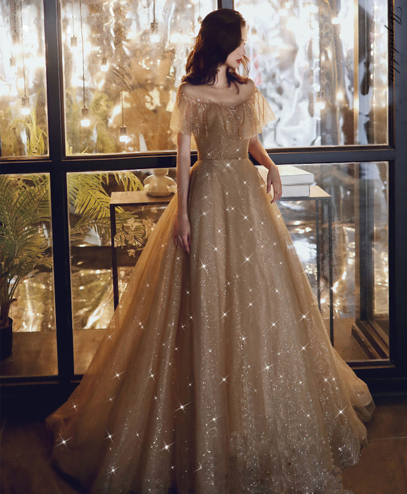 Champagne Round Neck Tulle Sequin Long Prom Dress Tulle Formal Dress US 12 / Champagne Champagne Round Neck Tulle Sequin Long Prom Dress Tulle Formal Dress US 12 / Champagne