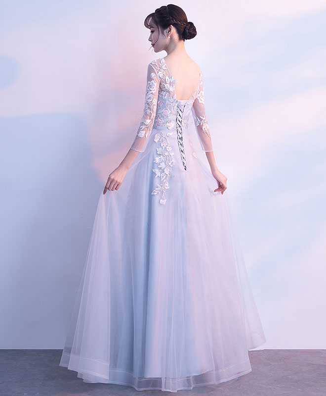Gray Round Neck Tulle Lace Applique Long Prom Dress, Gray Evening Dress