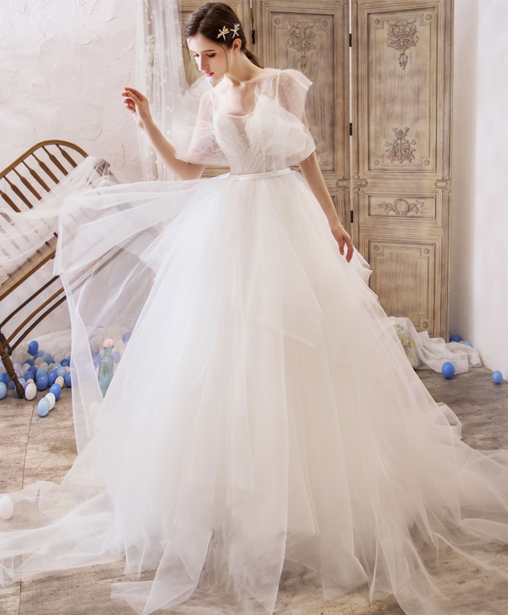White V Neck Tulle Lace Long Wedding Dress Lace Bridal Dress