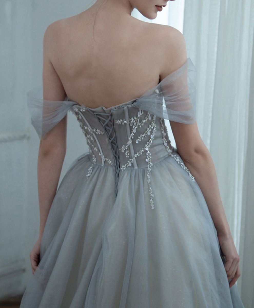 Gray Blue Long Prom Dress, Gray Blue Graduation Formal Dress with Beading