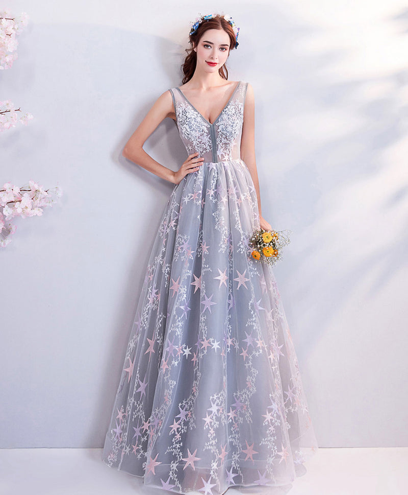 lace long dress A-Line Gray V Neck Lace Long Prom Dress, Gray Lace Formal Evening Dresses Custom Size / Gray