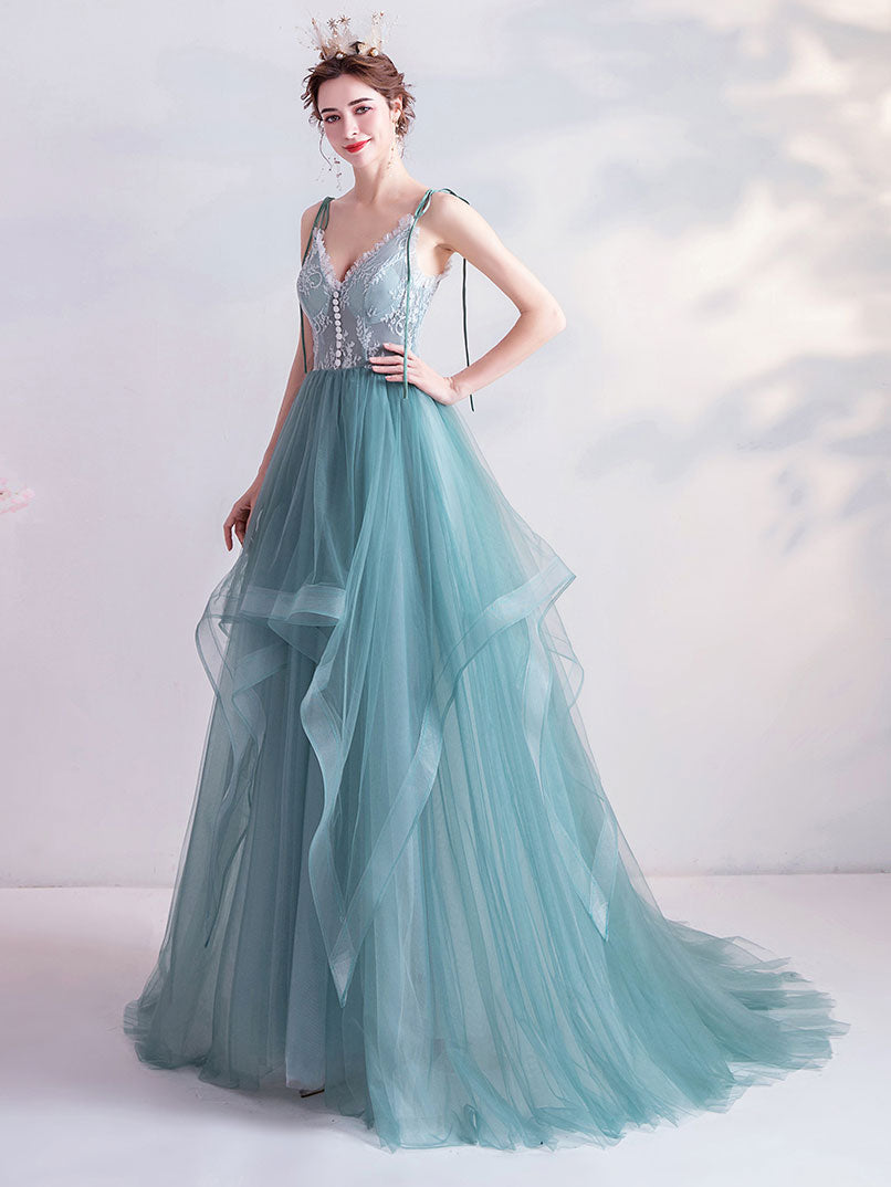 Green V Neck Tulle Lace Long Prom Dress Green Evening Dress