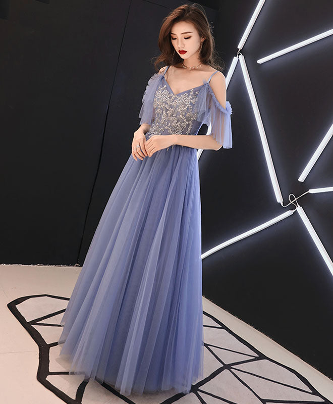 Blue V Neck Tulle Lace Long Prom Dress, Blue Tulle Evening Dress