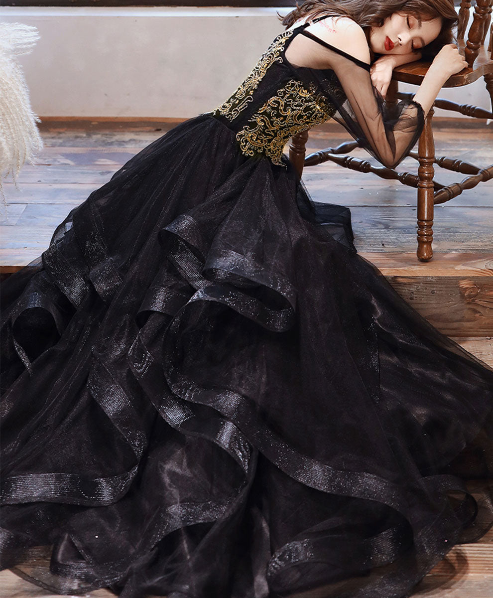 Black Tulle Lace Long Prom Dress Black Tulle Formal Dress