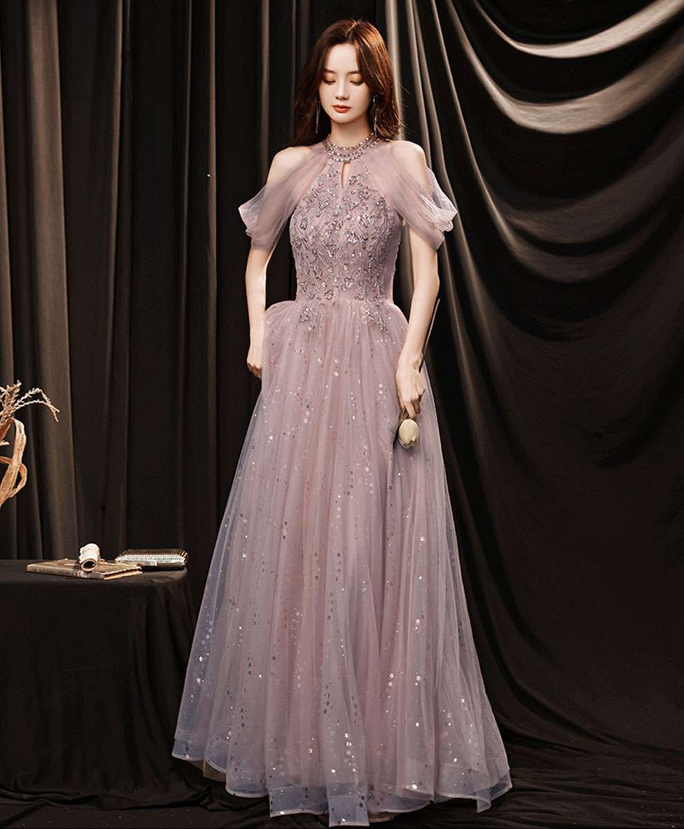 A line Pink Tulle Lace Sequin Long Prom Dress, Pink Formal Graduation Dresses