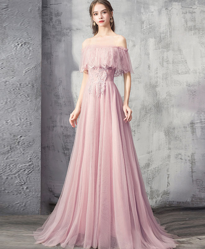 Pink Tulle Lace Long Prom Dress Pink Tulle Formal Dress