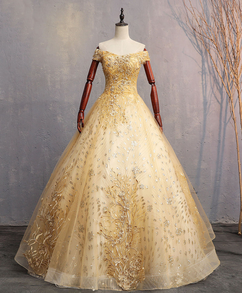 Gold Tulle Off Shoulder Lace Long Prom Dress Tulle Formal Dress US 14 / Gold Gold Tulle Off Shoulder Lace Long Prom Dress Tulle Formal Dress US 14 / Gold