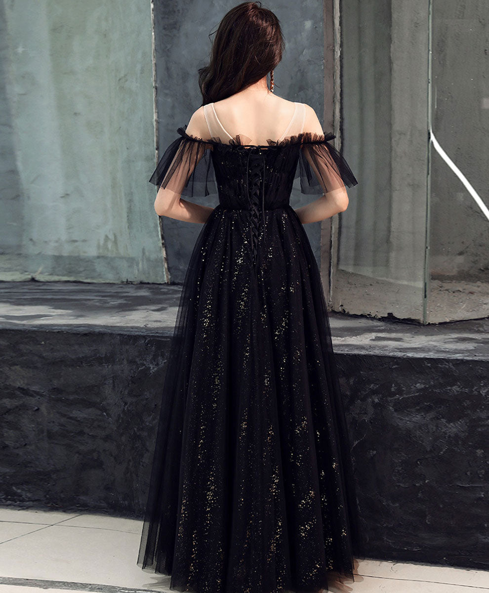 Black Tulle Off Shoulder Long Prom Dress Black Formal Dress