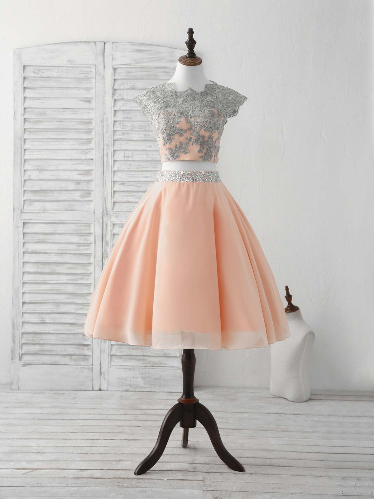 A-Line Two Pieces Lace Short Prom Dress, Homecoming Dress