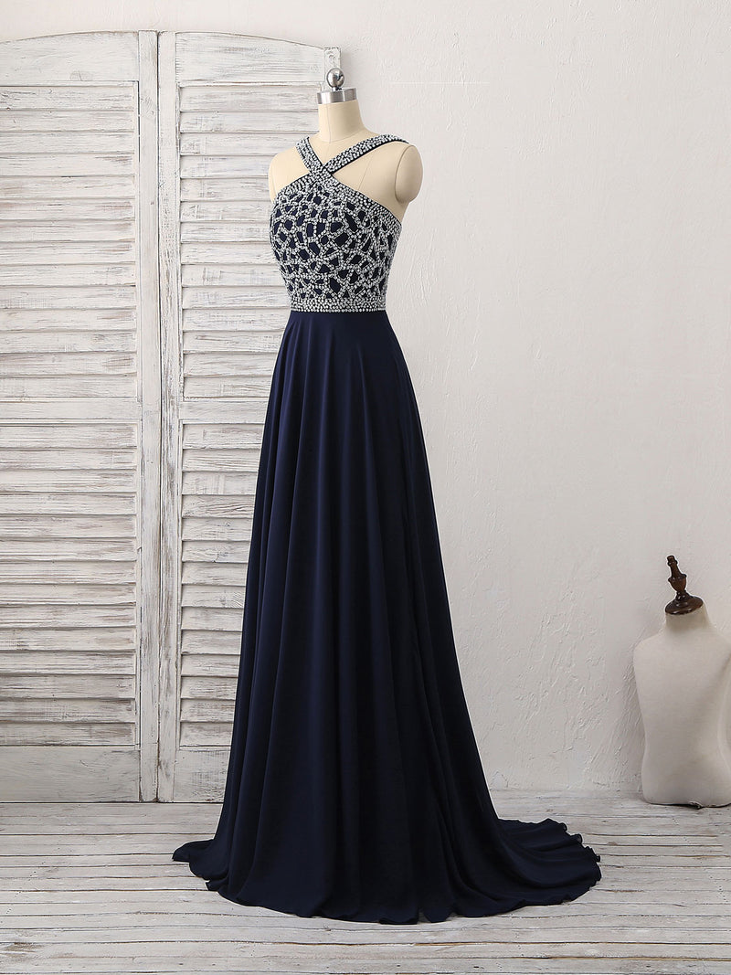 Dark Blue Chiffon Beads Long Prom Dress, Blue Evening Dress US 12 / Dark Blue Dark Blue Chiffon Beads Long Prom Dress, Blue Evening Dress US 12 / Dark Blue