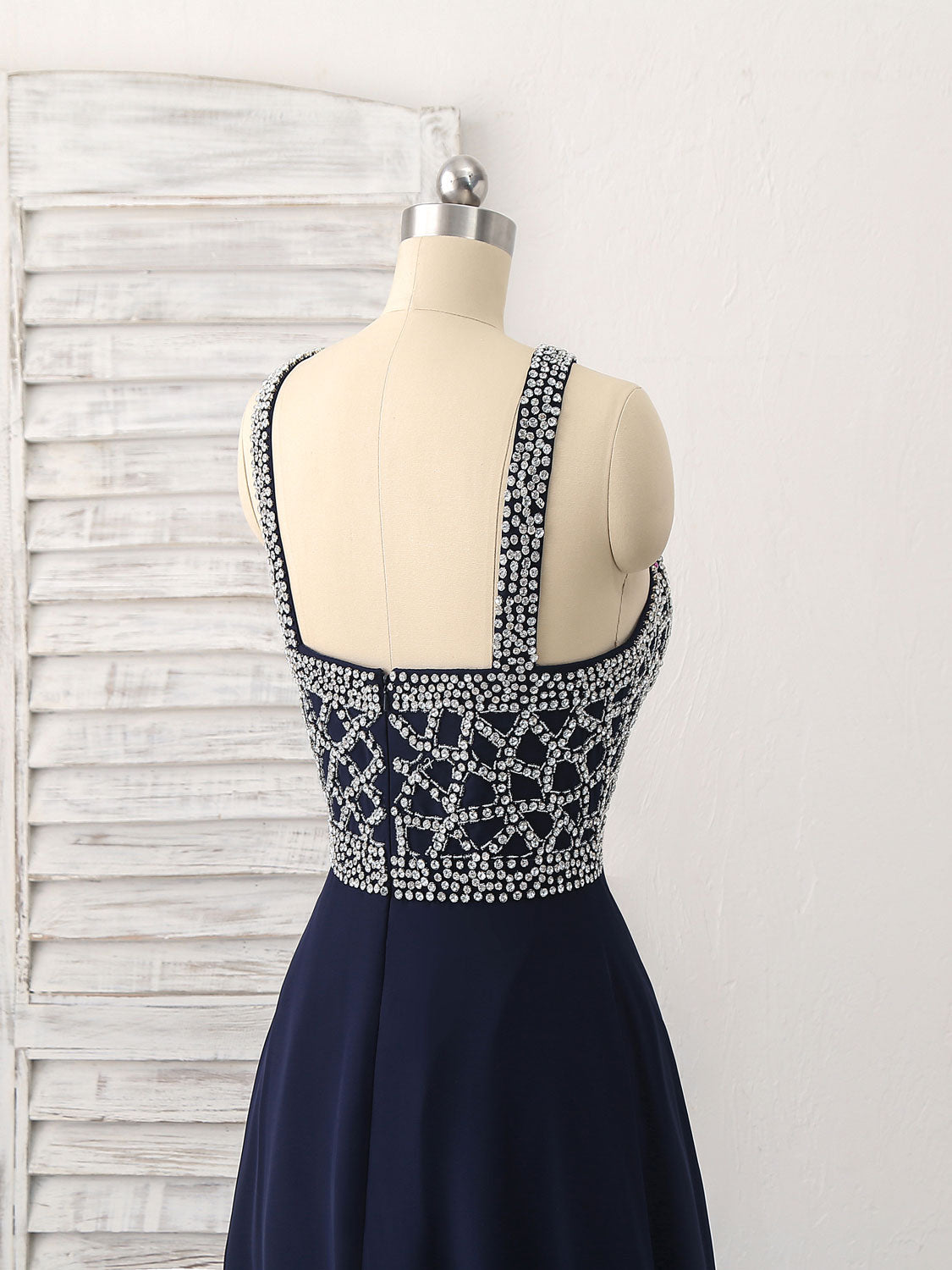 Dark Blue Chiffon Beads Long Prom Dress, Blue Evening Dress