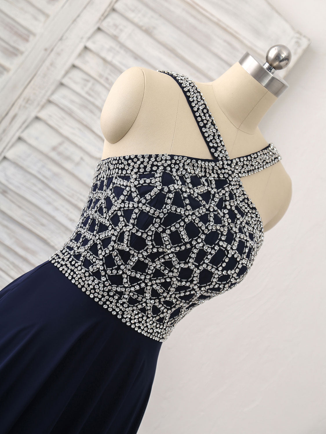 Dark Blue Chiffon Beads Long Prom Dress, Blue Evening Dress
