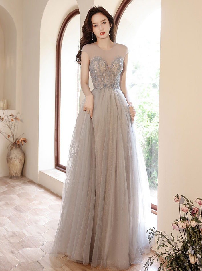 lace and beads grey dress Gray v neck tulle beads long prom dress beads tulle evening dress shdress
