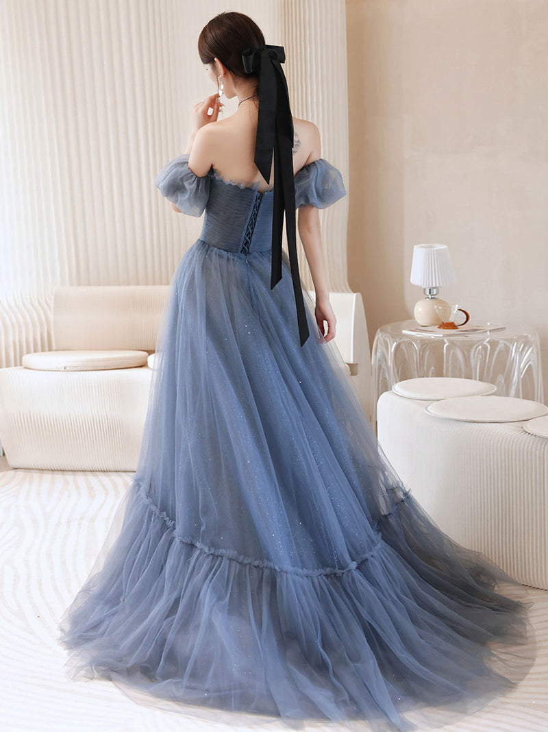 Gray Blue Tulle Long Prom Dress, Gray Blue Evening Dress – shopluu