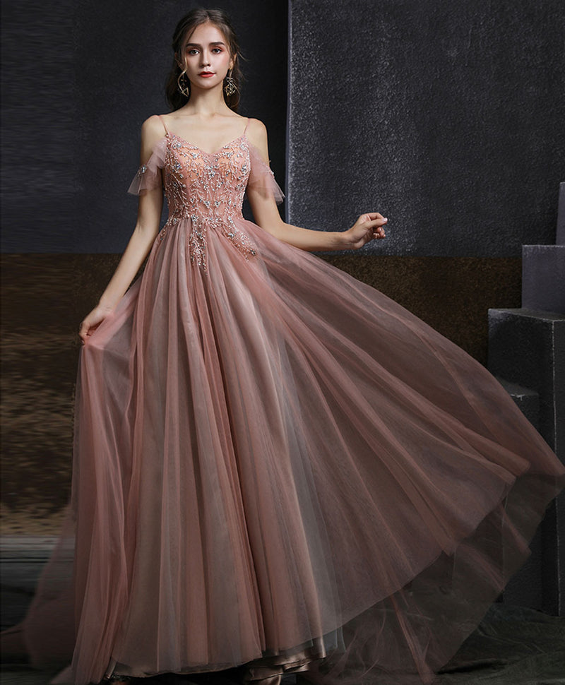 Pink V Neck Tulle Beading Long Prom Dress, Pink Formal Graduation Dres shopluu Pink V Neck Tulle Beading Long Prom Dress, Pink Formal Graduation Dres shopluu