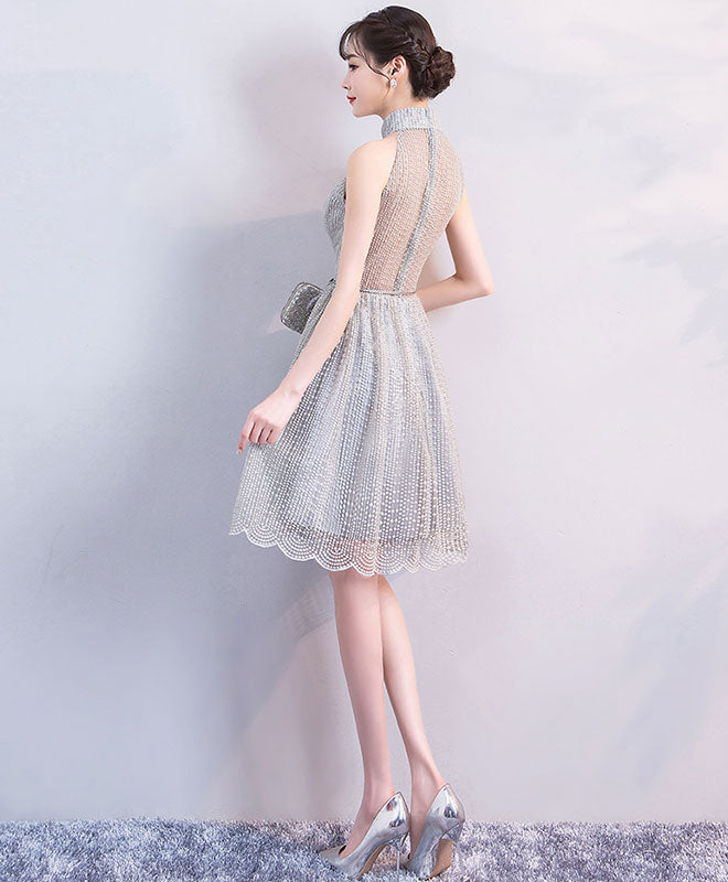 Gray High Neck Short Prom Dress, Gray Homecoming Dress – shopluu