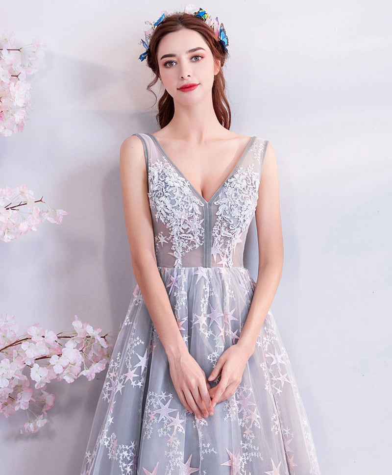 A-Line Gray V Neck Lace Long Prom Dress, Gray Lace Formal Evening Dres shopluu A-Line Gray V Neck Lace Long Prom Dress, Gray Lace Formal Evening Dres shopluu