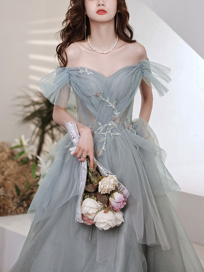 Gray Sweetheart Neck Tulle Long Prom Dress Gray Evening Dress