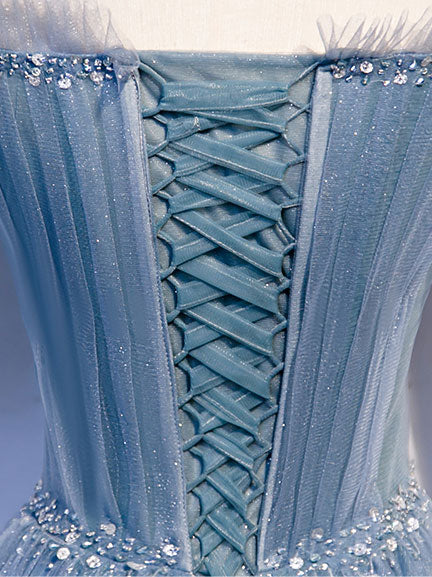 Blue Sweetheart Tulle Sequin Long Prom Dress Blue Formal Dress