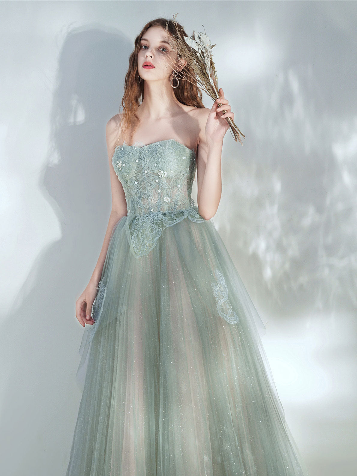 Green Tulle Lace Long Prom Dress, Green Tulle Evening Dress