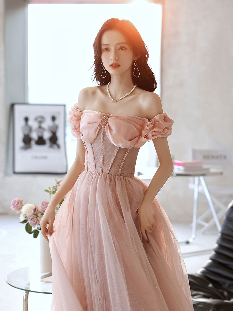 Pink Sweetheart Neck Tulle Beads Long Prom Dress, Pink Evening Dress US 8 / Custom Color Pink Sweetheart Neck Tulle Beads Long Prom Dress, Pink Evening Dress US 8 / Custom Color