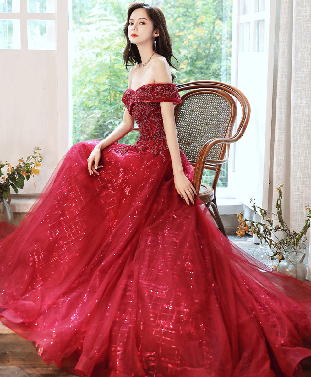 Burgundy Off Shoulder Tulle Lace Long Prom Dress, Burgundy Formal Party Dress