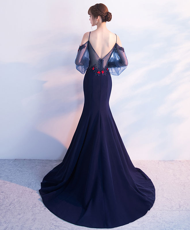 Dark Blue Lace Mermaid Long Prom Dress Blue Evening Dress