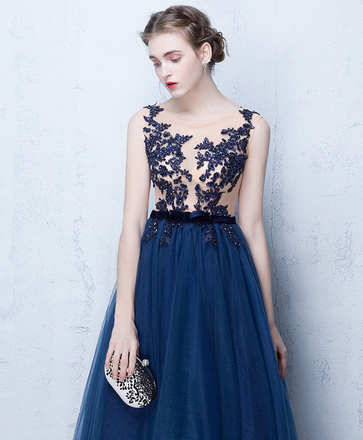 Elegant Dark Blue Tulle Lace Long Prom Dress, Blue Evening Dress