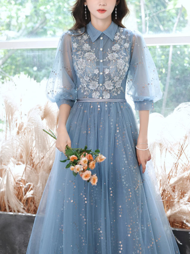 Blue Tulle Lace Sequin Long Prom Dress, A-line Blue Evening Dress