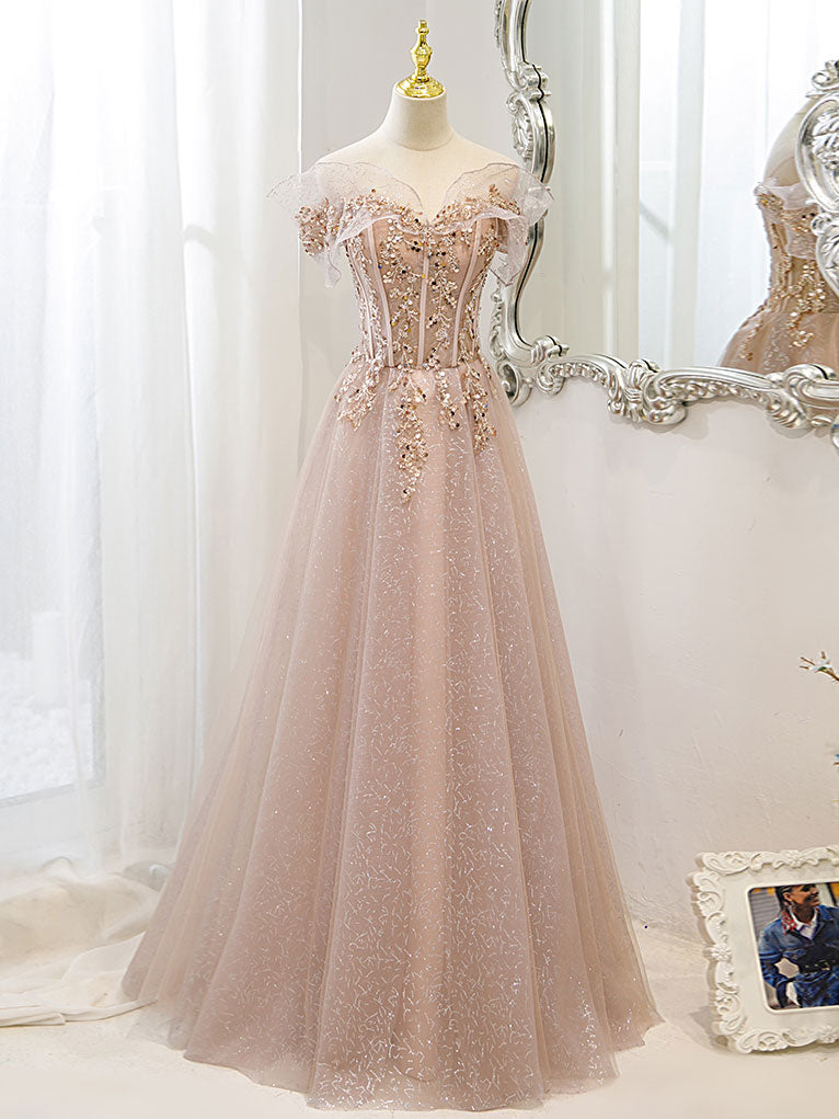 Off The Shoulder Champagne Tulle Lace Prom Dress, Off Shoulder Champagne Lace Formal Dress, US 2 / Custom Color / No Rush Off The Shoulder Champagne Tulle Lace Prom Dress, Off Shoulder Champagne Lace Formal Dress, US 2 / Custom Color / No Rush