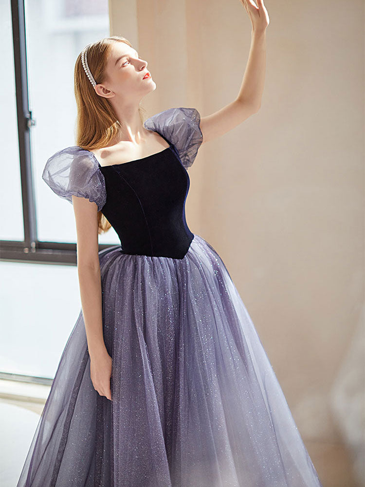 Purple Velvet Tulle Long Prom Dresses, Cute A-Line Evening Dresses US 16 / Purple Purple Velvet Tulle Long Prom Dresses, Cute A-Line Evening Dresses US 16 / Purple