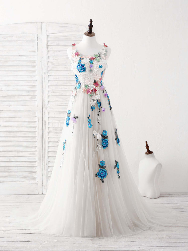 Tulle Lace Applique Long Prom Dress, Ivory Evening Dress shopluu Tulle Lace Applique Long Prom Dress, Ivory Evening Dress shopluu