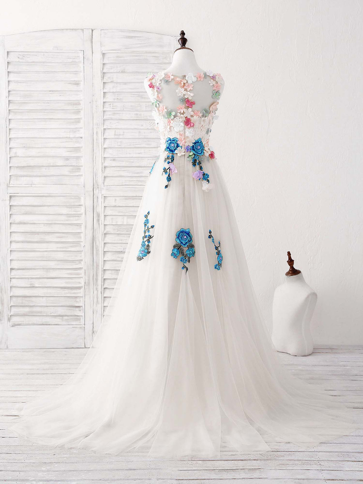 Tulle Lace Applique Long Prom Dress, Ivory Evening Dress