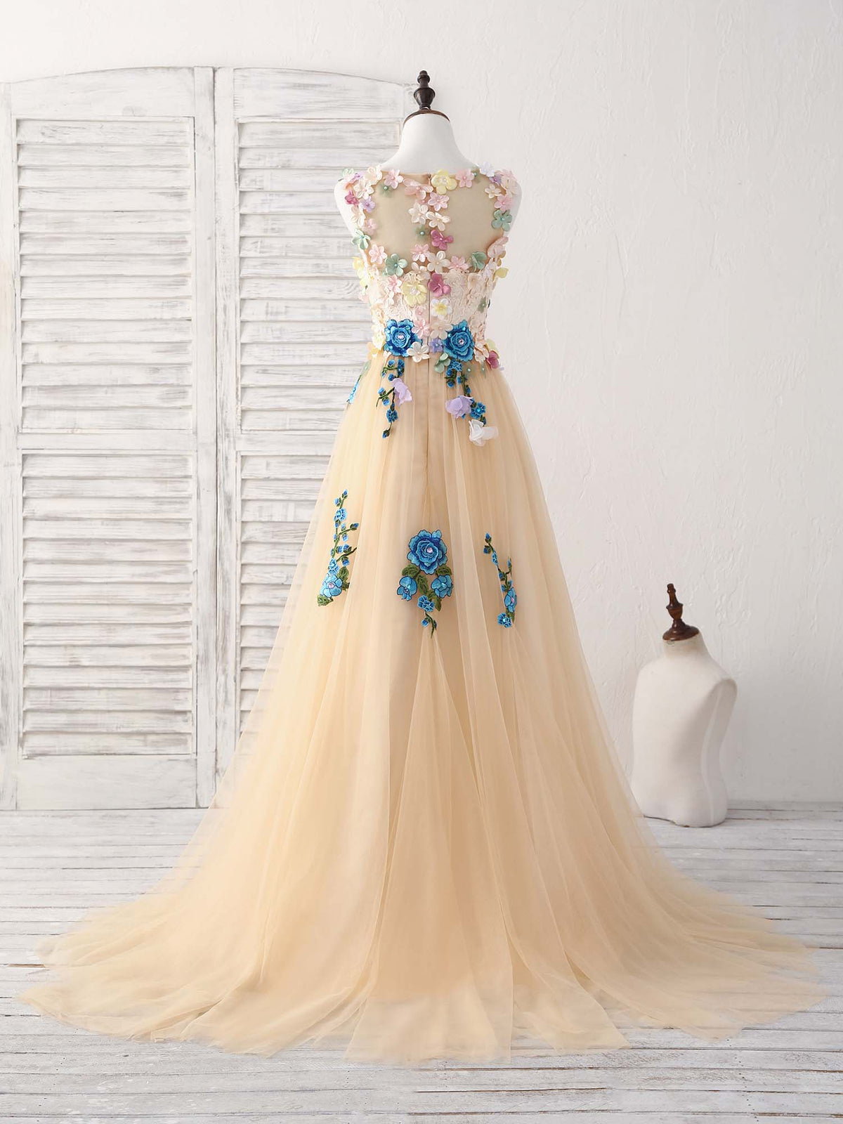 Champagne Tulle Lace Applique Long Prom Dress, Evening Dress