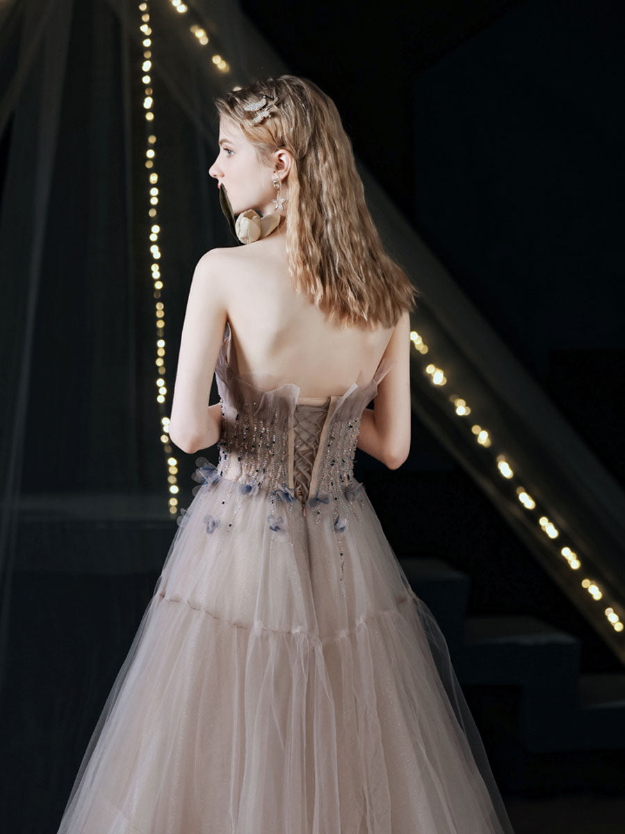 A-Line Tulle Beads Long Prom Dress, Gray Purple Tulle Evening Dress
