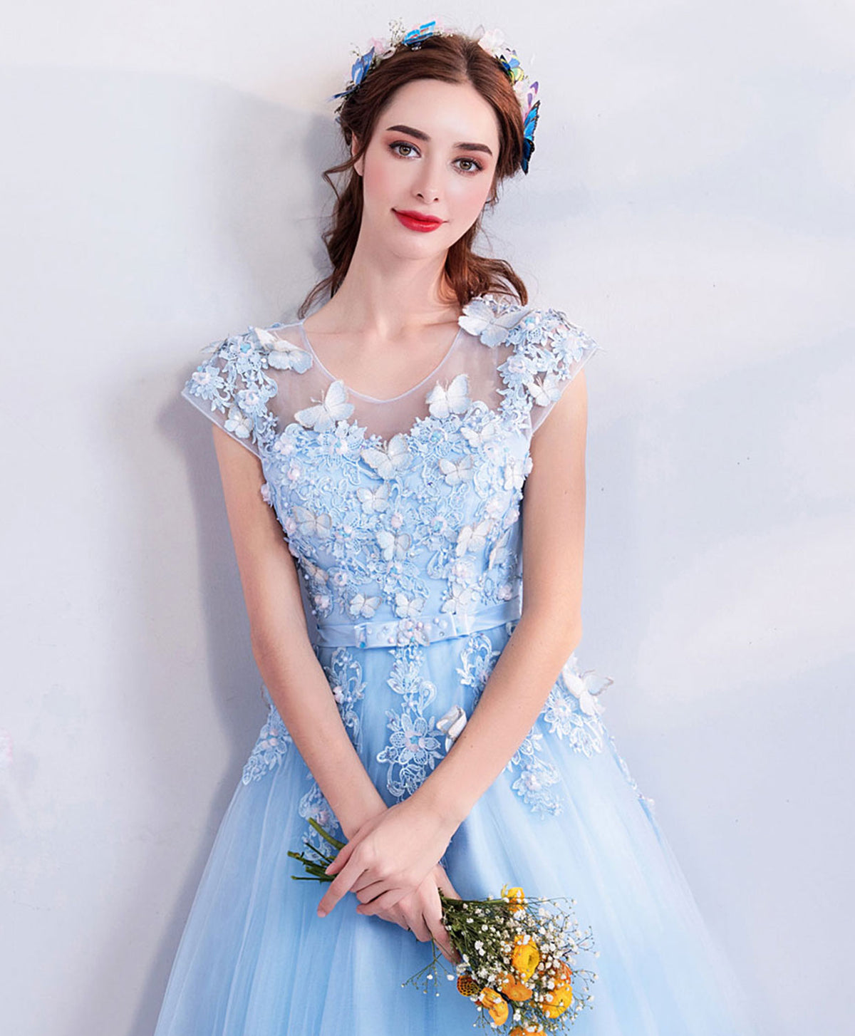 Sky Blue Lace Tulle Long Prom Dress, Blue Evening Dress