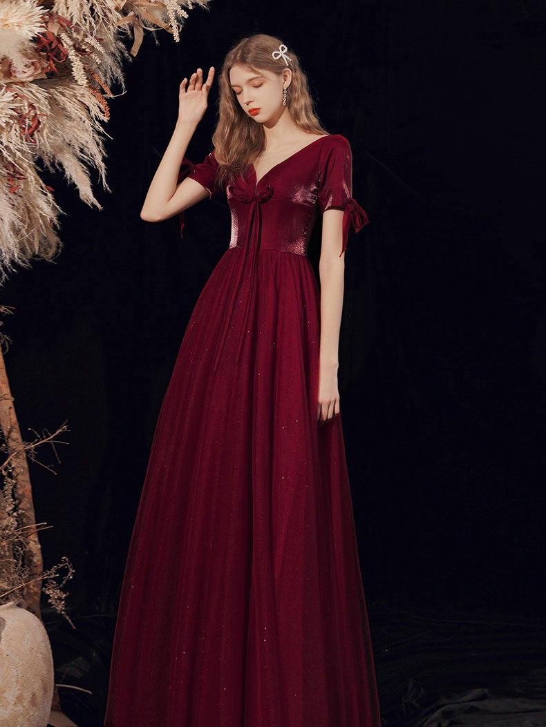 Burgundy A-line V Neck Tulle Long Prom Dress Burgundy Evening Dress