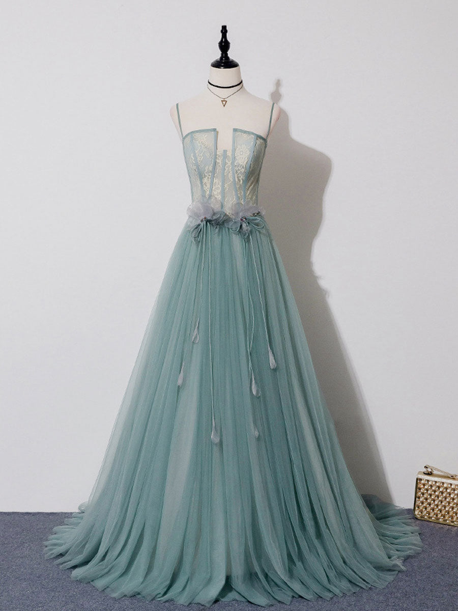 green tulle long prom dress