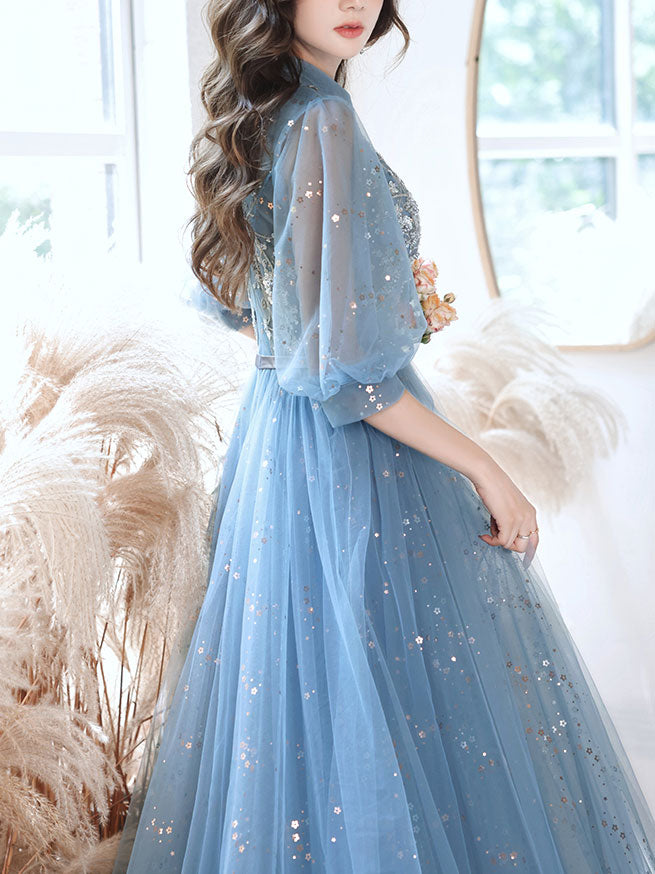 Blue Tulle Lace Sequin Long Prom Dress, A-line Blue Evening Dress