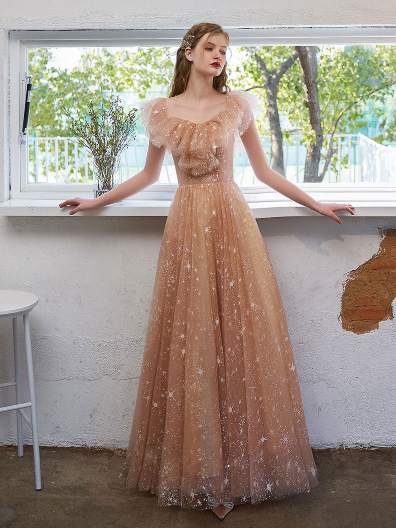 Simple Tulle Off Shoulder Lace Long Prom Dress Lace Formal Dress US 16 / Champagne Simple Tulle Off Shoulder Lace Long Prom Dress Lace Formal Dress US 16 / Champagne