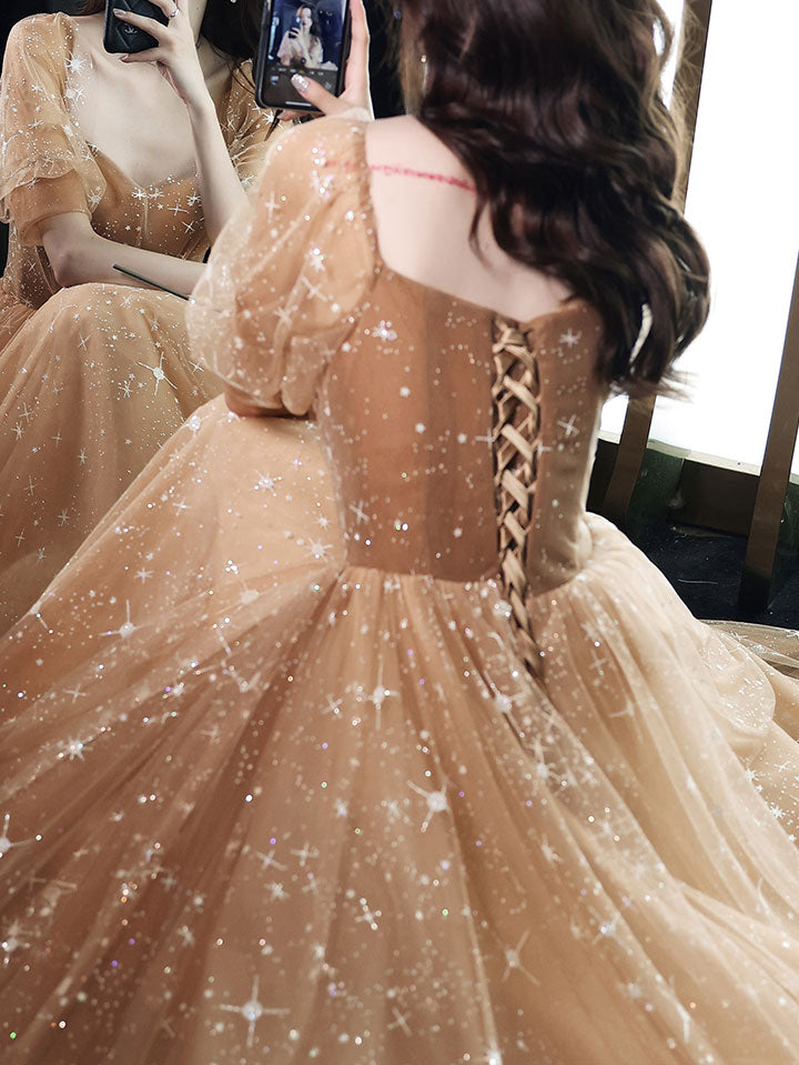 Champagne Sweetheart Tulle Lace Long Prom Dress Lace Evening Dress
