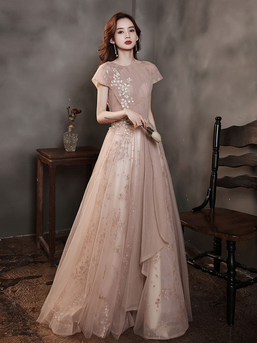 Pink Tulle Lace Long Prom Dress, Pink Tulle Formal Dress
