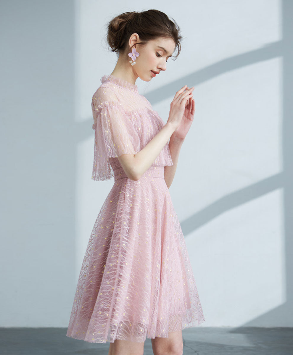Pink Tulle Lace Short Prom Dress, Pink Homecoming Dress