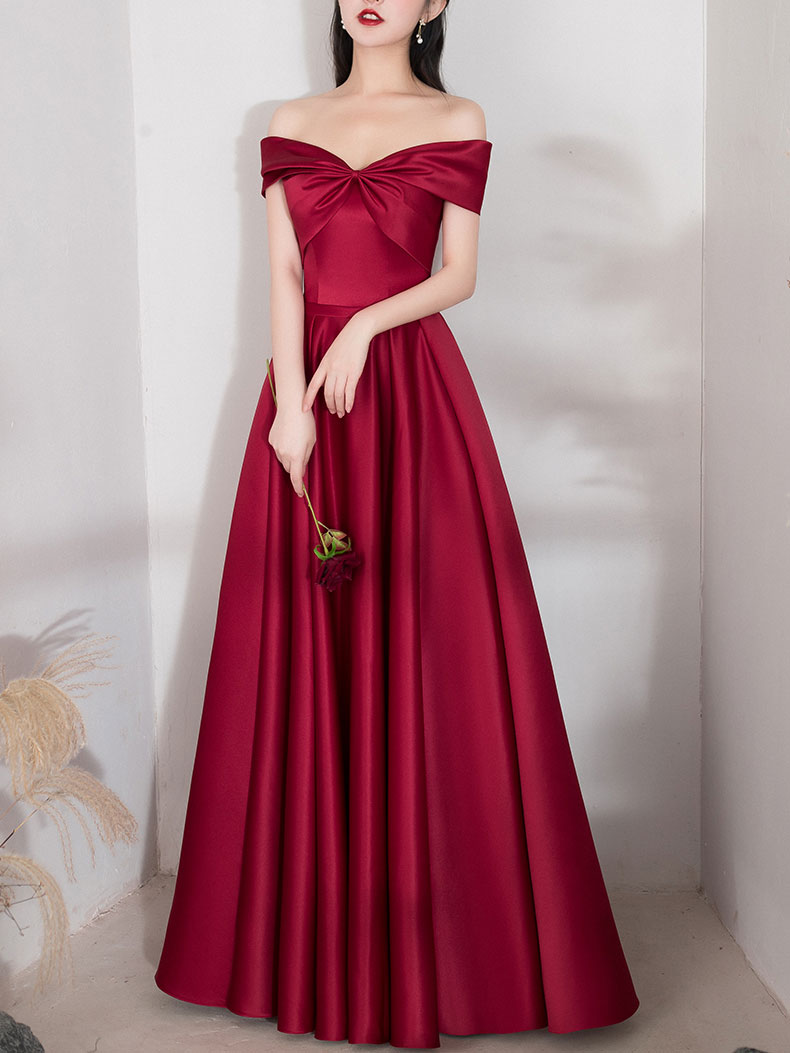 Simple A-line Dark Red Satin Long Prom Dress Red Bridesmaid Dress US 12 / Red (As Picture) Simple A-line Dark Red Satin Long Prom Dress Red Bridesmaid Dress US 12 / Red (As Picture)