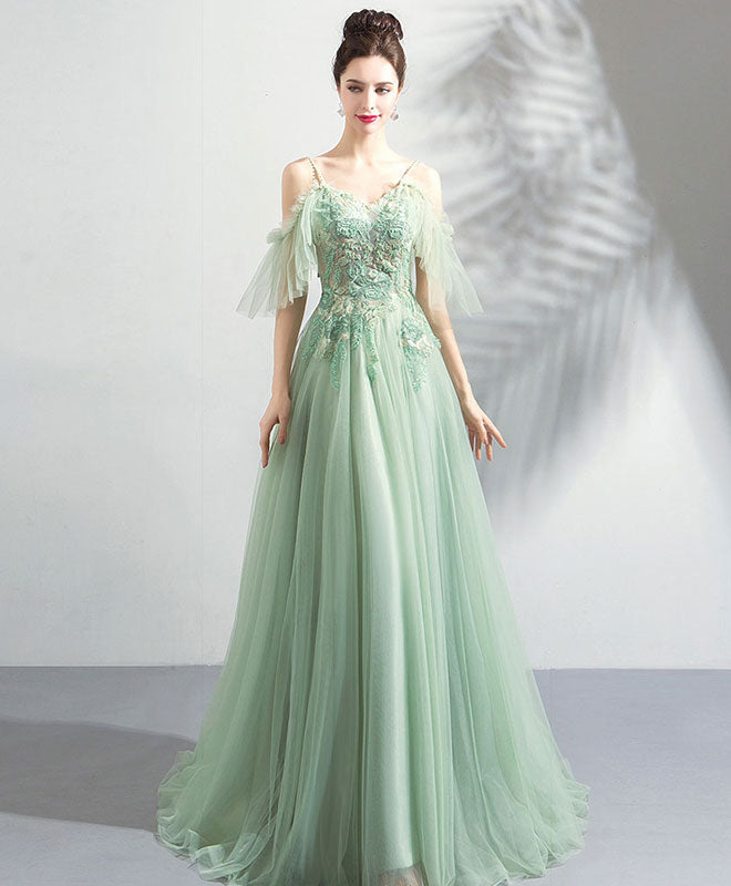 Green Tulle Off Shoulder Long Prom Dress, Green Tulle Evening