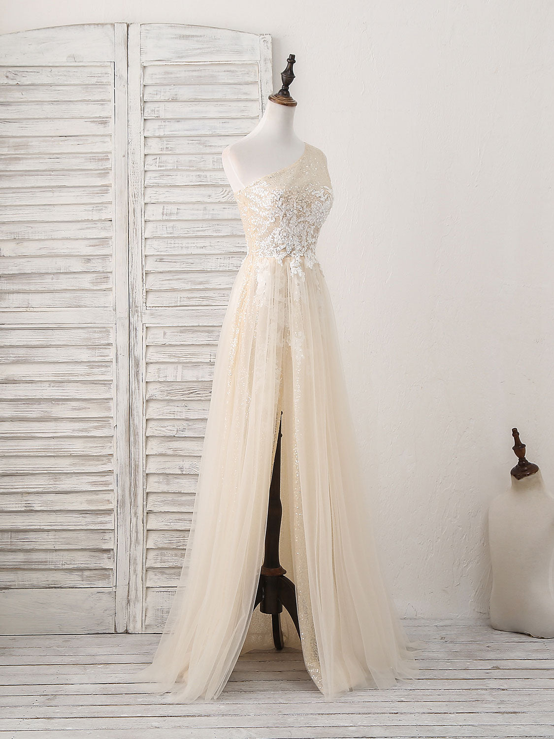 A-Line Champagne Tulle Sequin Long Prom Dress, Champagne Evening Dress
