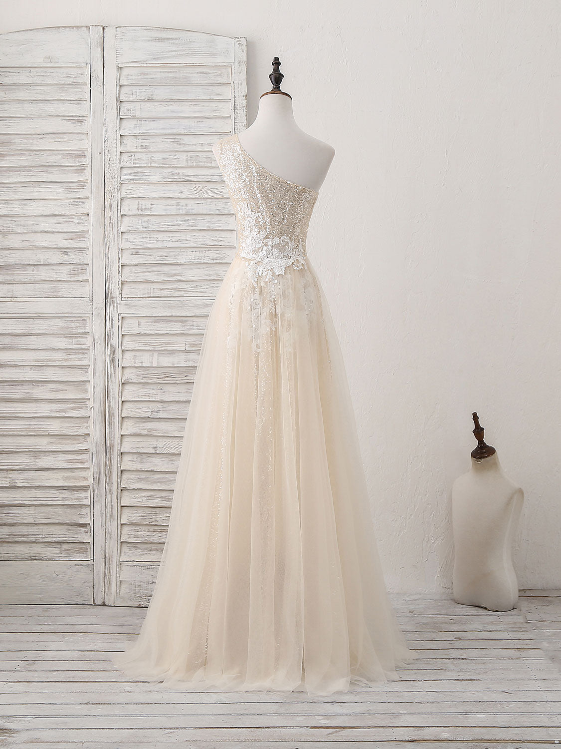 A-Line Champagne Tulle Sequin Long Prom Dress, Champagne Evening Dress